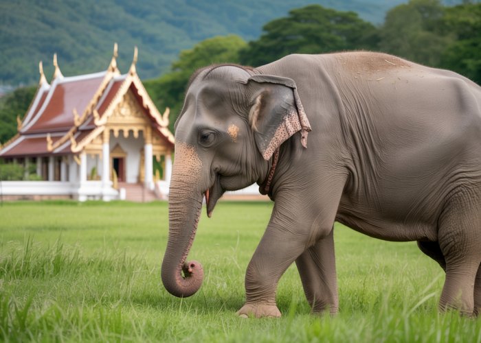 White elephant grazing in Thailand with traditional Thai architecture in the background.