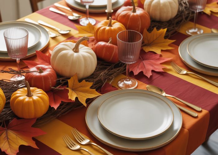 Thanksgiving table setting with a rich autumn color palette, including red, orange, yellow, and brown hues.