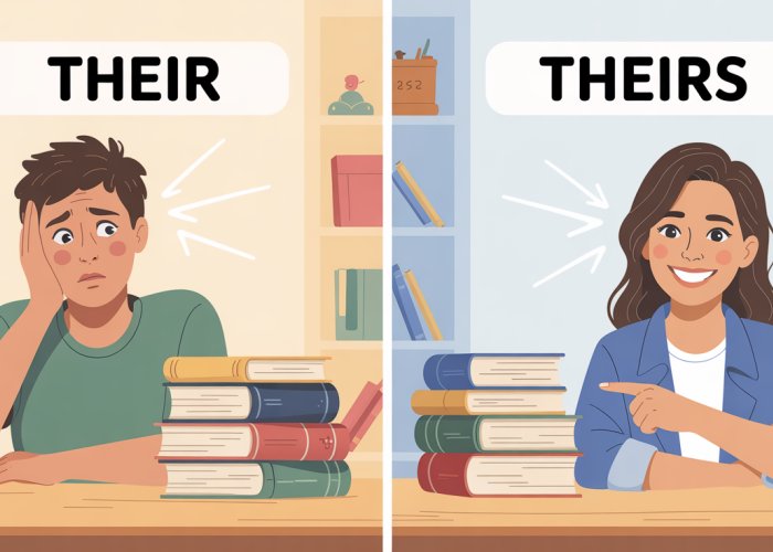 Visual comparison of 'their' and 'theirs' with illustrations of people and books to explain the difference in usage.