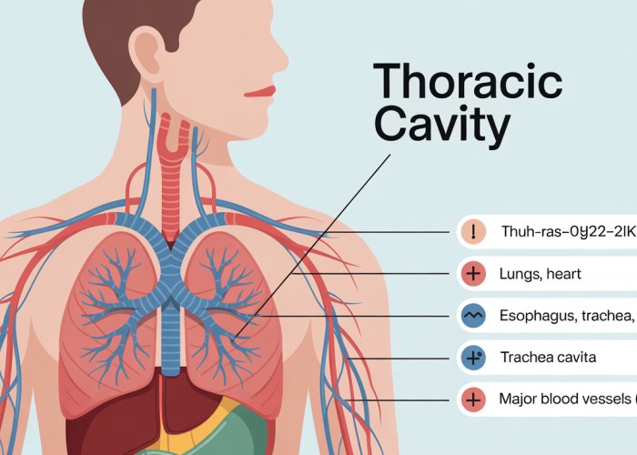 Diagram of the thoracic cavity with labels and pronunciation guide for 'thoracic cavity'.