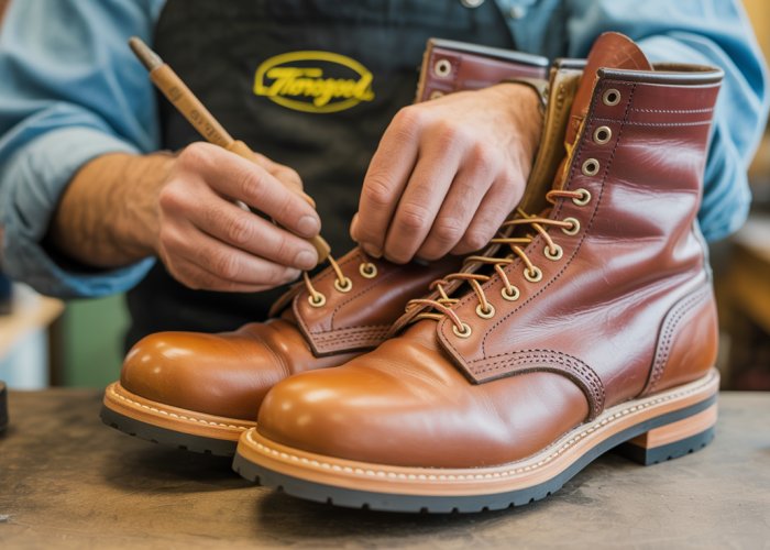Close-up of a cobbler repairing a worn Thorogood boot.