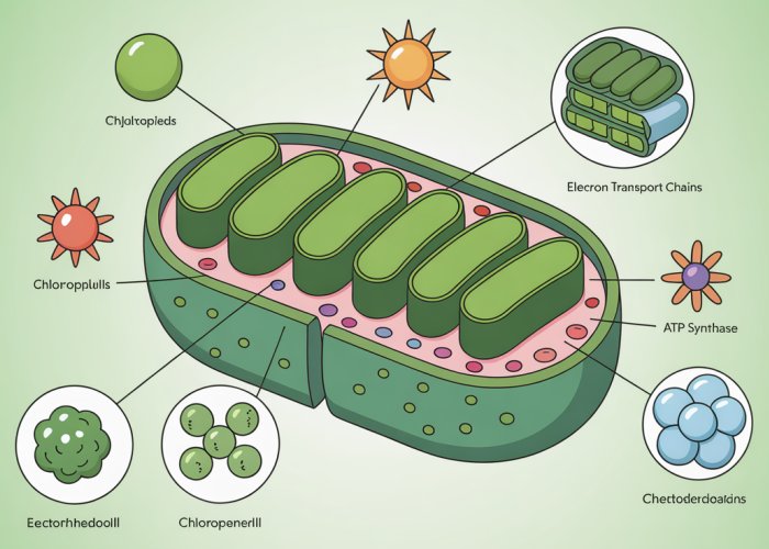 Illustration of a chloroplast showing thylakoids, chlorophyll, electron transport chain, and ATP synthase. This image represents the light-dependent reactions of photosynthesis.