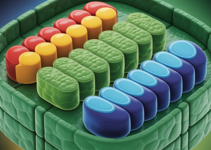 Detailed illustration of the thylakoid membrane, highlighting the protein complexes involved in photosynthesis and ATP production.