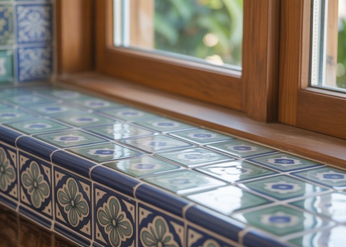 Close-up of a meticulously tiled window sill with contrasting grout lines.