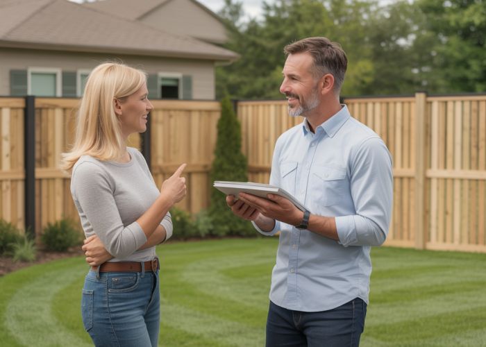 Fence installer providing tips to a homeowner on choosing and installing a fence.