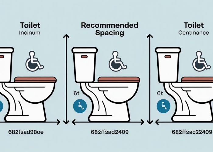 Diagram illustrating toilet spacing requirements for accessibility and ADA compliance, including minimum clearances for wheelchair users.