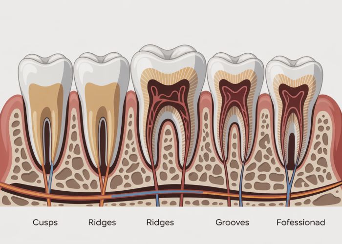 Detailed illustration of tooth morphology, highlighting cusps, ridges, grooves, and fossae.