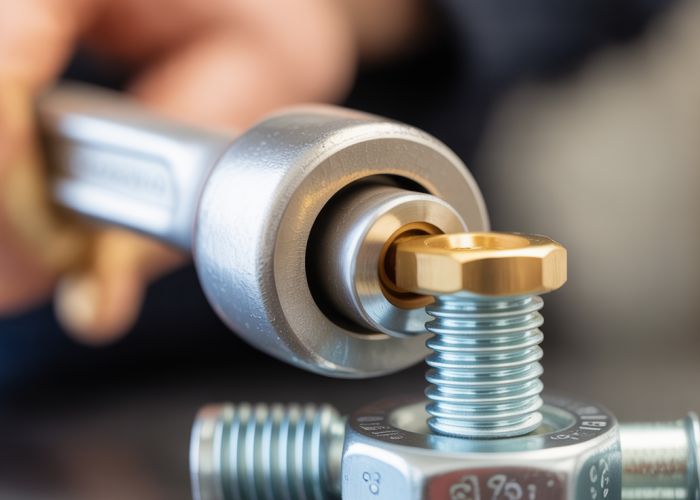 Close-up of a torque wrench ensuring accurate tightening of a bolt.