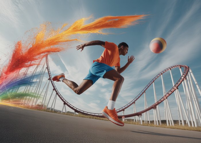 Collage showing various forms of motion: running, a flying ball, and a rollercoaster, representing total kinetic energy.
