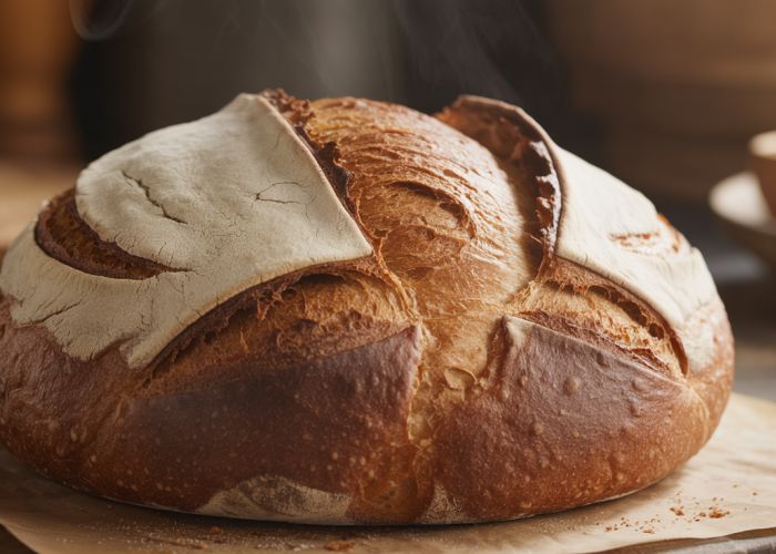 Trader Joe's sourdough bread, fresh out of the oven with a beautifully cracked crust.