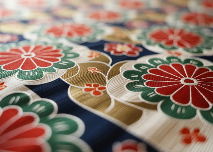 Close-up of a traditional kimono pattern featuring intricate details and vibrant colors.