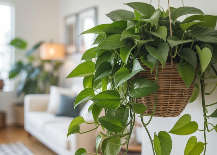 Trailing pothos plant in a hanging basket, cascading vines.