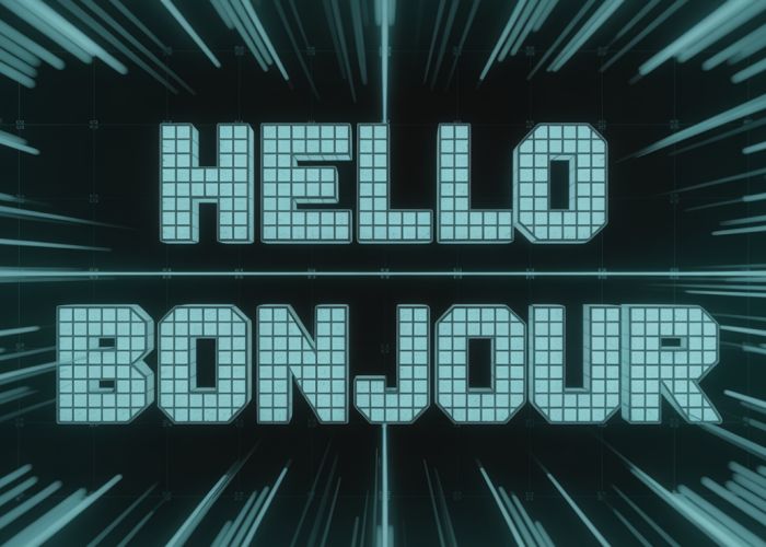 Diagram of a translation matrix showing the transformation of the word 'Hello' into 'Bonjour'.