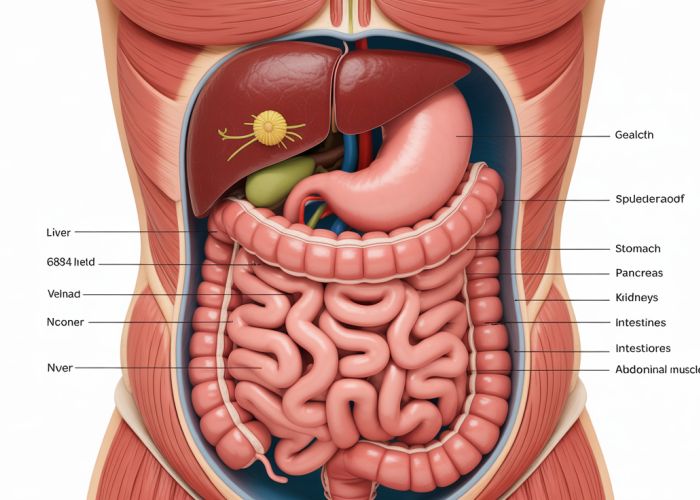 Transversal cut anatomy of the human abdomen with labeled organs: liver, spleen, stomach, pancreas, kidneys, intestines, and abdominal muscles.