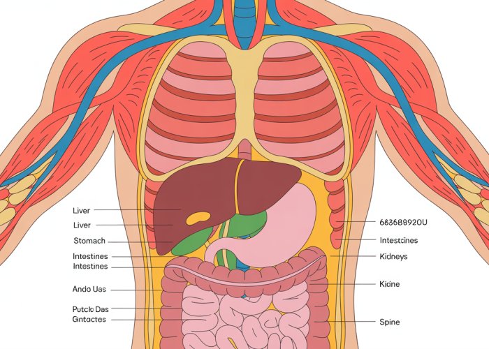 Anatomical illustration showing a cross-sectional view of the human torso at the transverse plane, labeling organs like the liver, stomach, and spine.