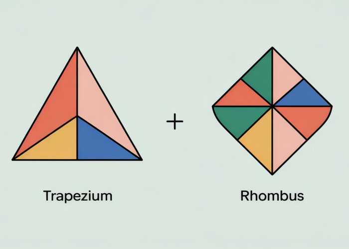 Diagram illustrating the differences between a trapezium and a rhombus, highlighting their unique properties and formulas.