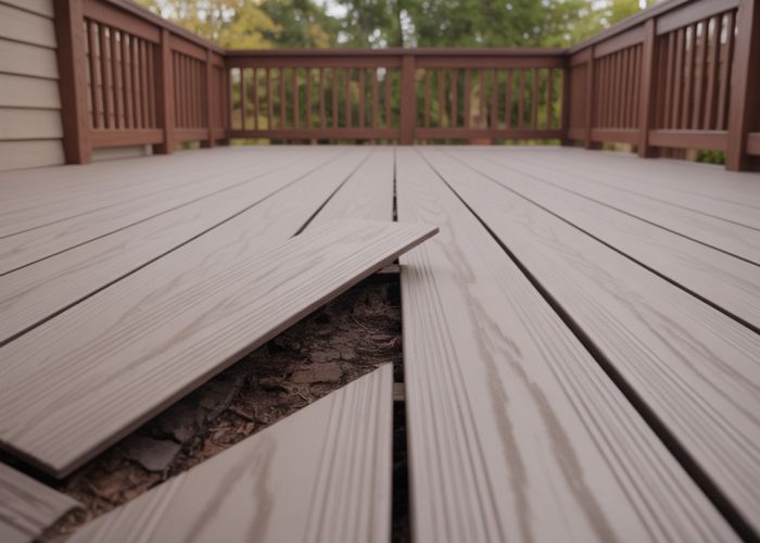 Severely warped Trex composite decking, showcasing significant bending and deformation.