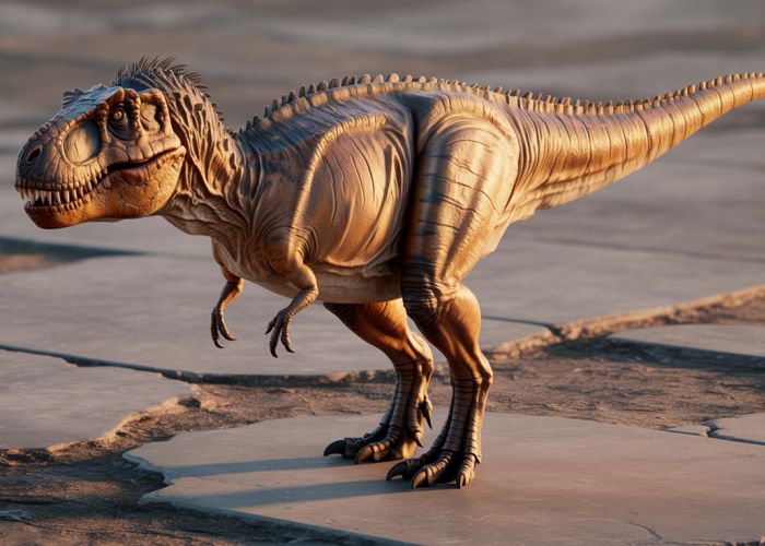 Tyrannosaurus Rex standing on cracked concrete in the sunlight.