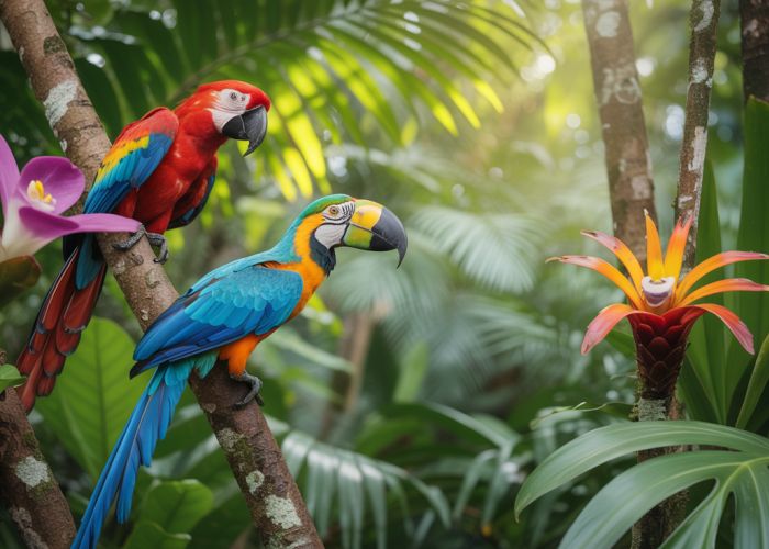 Lush tropical rainforest scene with vibrant flora, a colorful bird, and dappled sunlight, highlighting the incredible biodiversity of the ecosystem.