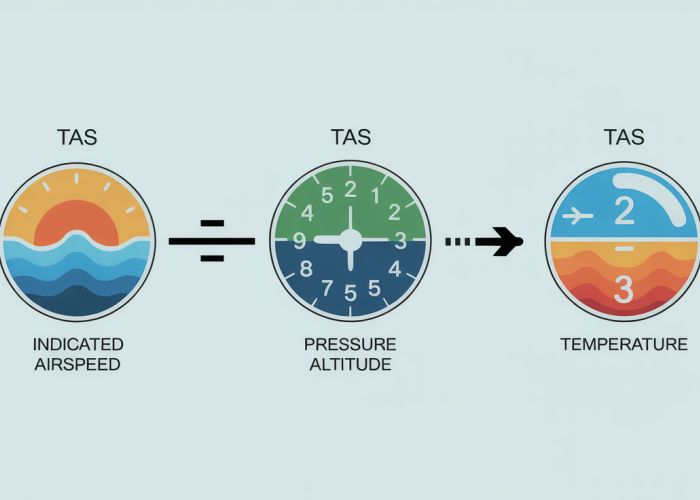 Diagram explaining the True Airspeed equation and its variables like Indicated Airspeed, Pressure Altitude, and Temperature.