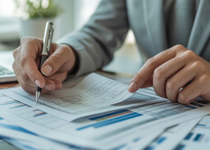 Hands carefully reconciling financial statements, emphasizing the importance of accuracy in accounting.