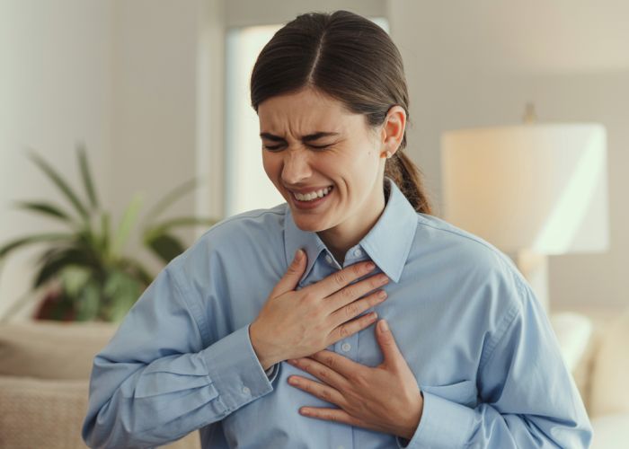Woman feeling relief from heartburn after taking Tums antacid tablets.