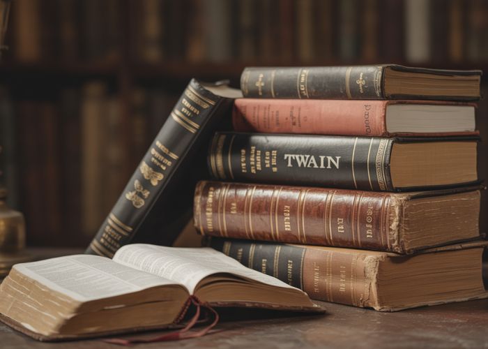 Stack of old books, including a Bible and a volume with 'Twain' on the spine, representing Mark Twain's perspective on religious definitions.
