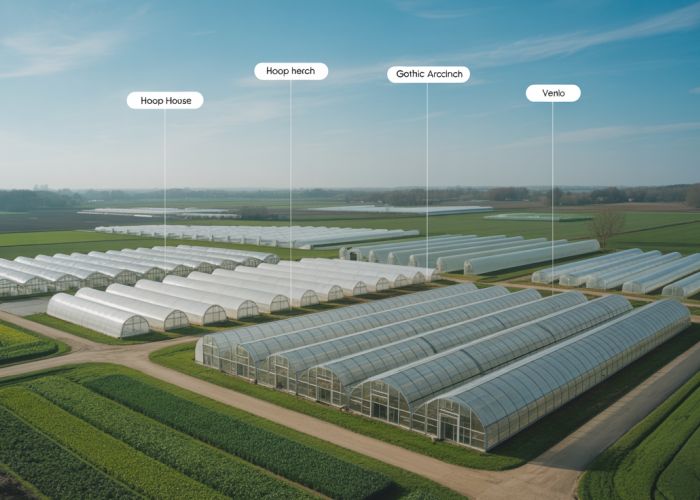 Aerial view showcasing various greenhouse types including hoop houses, gothic arch, and venlo greenhouses.