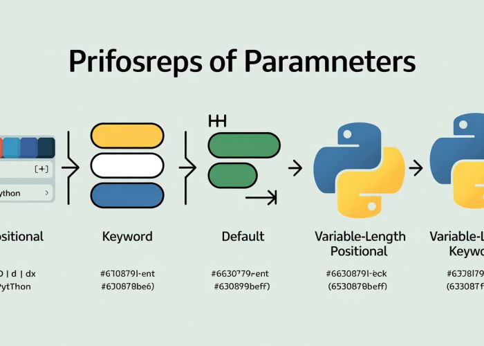 Infographic explaining positional, keyword, default, *args, and **kwargs parameters in programming.
