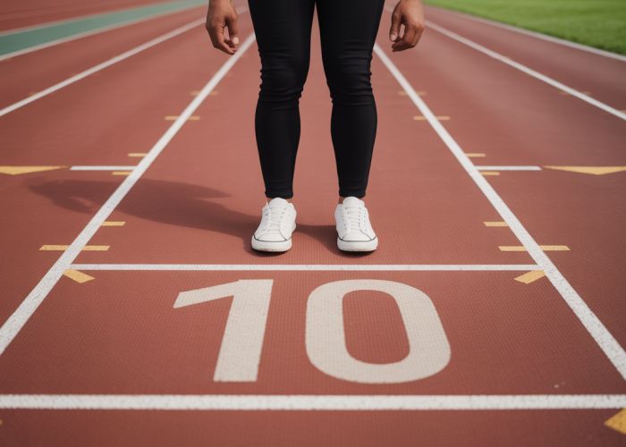 Person standing beside a '10 meters' marker on a track for visual representation of the distance.