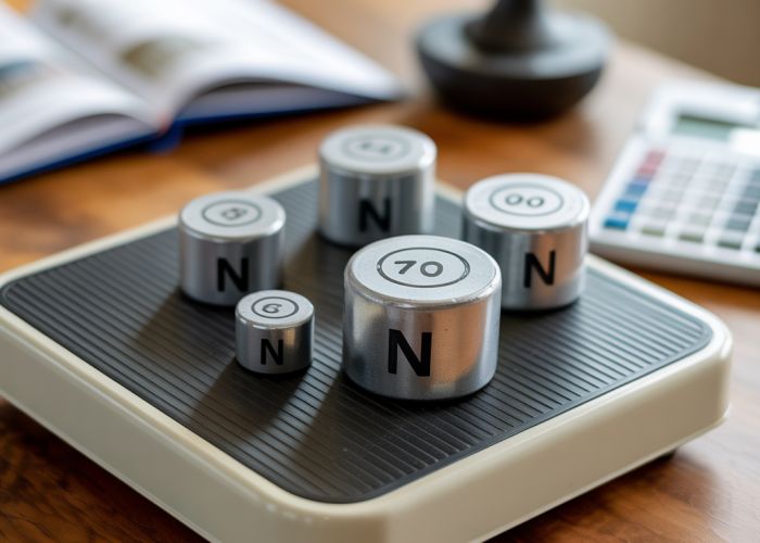 Close-up of a weight scale showing 'N' marking on a weight, representing Newton, the SI unit of force.