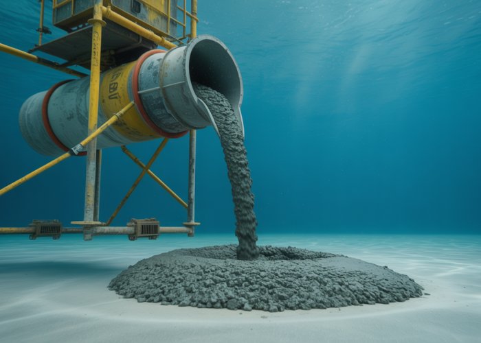 Underwater concrete pour showing concrete being carefully placed and settling in the depths.