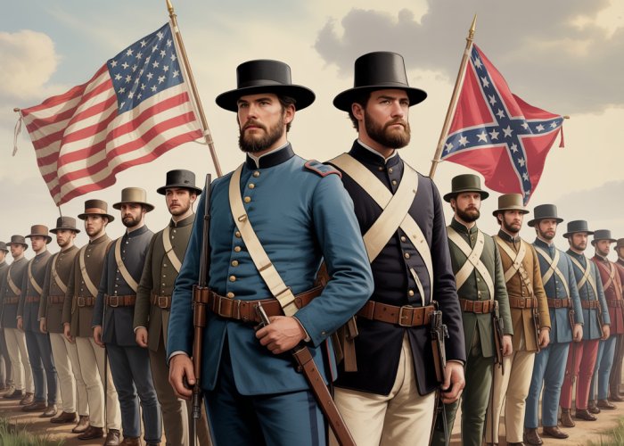 Visual comparison of Union and Confederate soldiers during the American Civil War, highlighting differences in uniforms and equipment.
