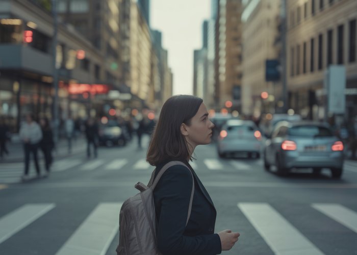 A solitary figure walks through a bustling city street, subtly blending into the background, representing the theme of the 'unknown citizen'.