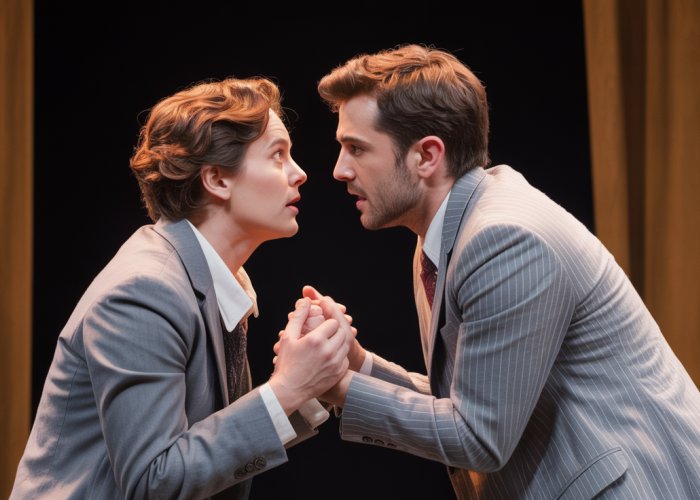 Two actors on stage, one subtly moving upstage, forcing the other to turn away from the audience. Focus is on the tension of the scene and power dynamics.