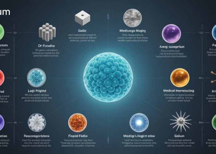 Infographic illustrating various uses of gallium, including semiconductors, LEDs, medical imaging, and alloys.