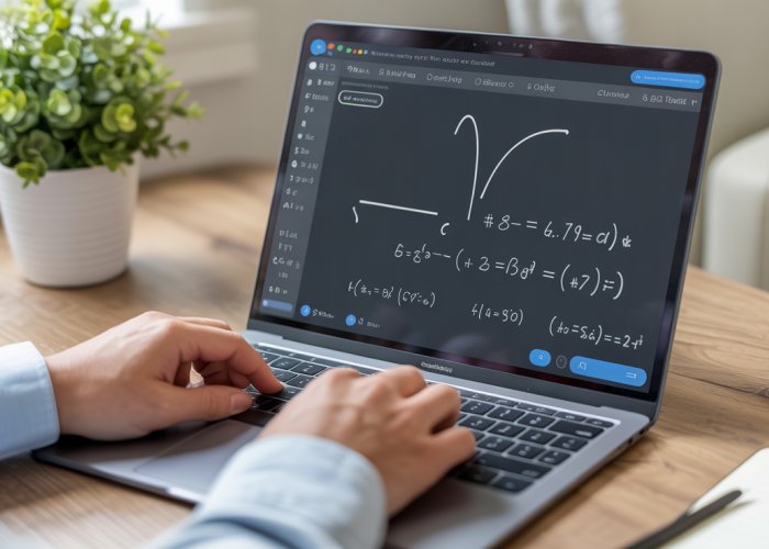Using a variable fraction simplifier on a laptop to solve complex equations.