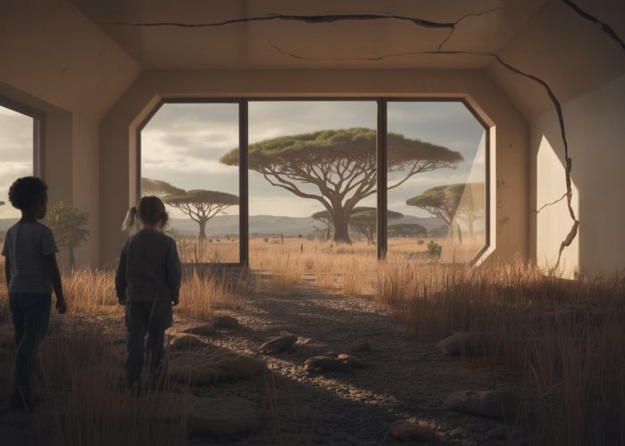 Futuristic nursery transitioning into a dangerous African veldt, foreshadowing events in 'The Veldt'.