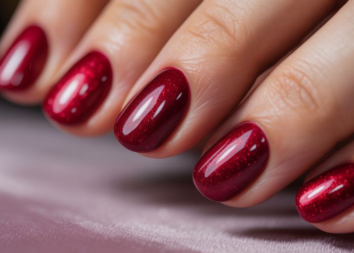 Deep red velvet nail art with subtle gold glitter accents.