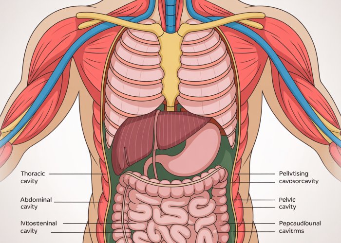 Diagram illustrating the thoracic, abdominal, and pelvic cavities within the human ventral cavity.