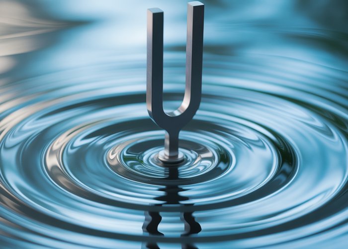 Close-up image of water ripples formed by a vibrating tuning fork, illustrating the concept of frequency of vibration.
