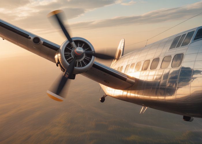 Vintage propeller airplane banking, showing its longitudinal axis.
