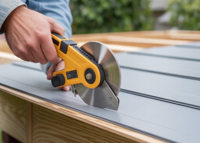 Close-up of vinyl siding cutter making a clean and precise cut on vinyl siding.