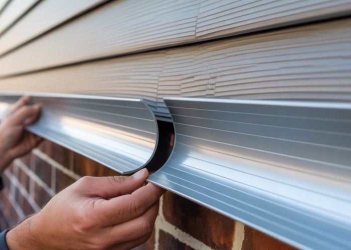 Close-up of vinyl starter strip being installed, showing interlocking edges.