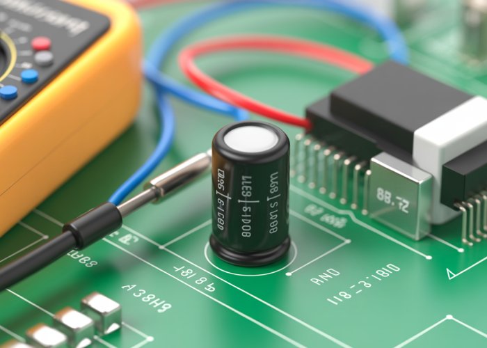 Voltage reading across a capacitor in an electronic circuit.