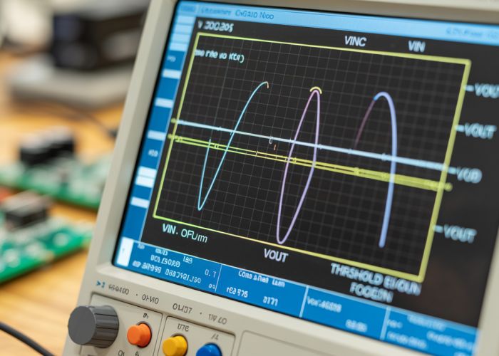 Voltage Transfer Characteristic curve displayed on an oscilloscope, showing input versus output voltage of an electronic circuit.