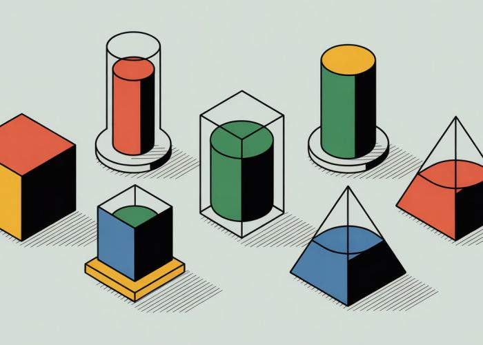 Isometric illustration of composite geometric shapes filled with colorful liquid, visually representing their volume.