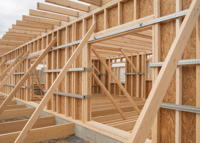 Multiple wall bracing methods employed on a wood-framed building construction site, including diagonal wood bracing, steel strapping, and plywood sheathing.