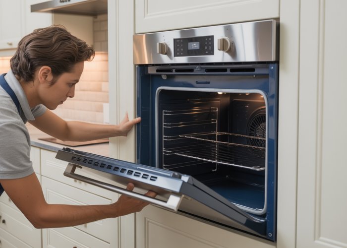 Close-up of a stainless steel wall oven being installed into a kitchen cabinet.