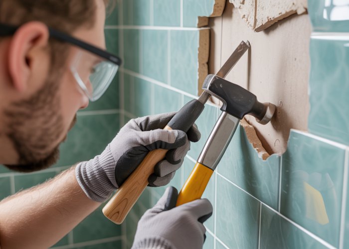 Removing ceramic wall tile in a bathroom with a chisel and hammer.